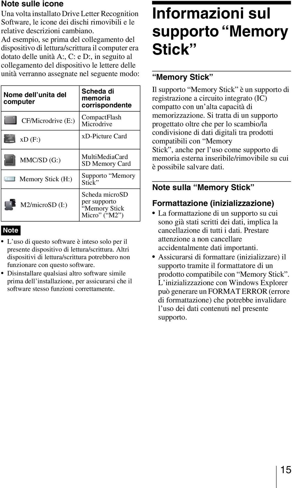 assegnate nel seguente modo: Nome dell unita del computer CF/Microdrive (E:) xd (F:) MMC/SD (G:) Memory Stick (H:) M2/microSD (I:) Scheda di memoria corrispondente CompactFlash Microdrive xd-picture