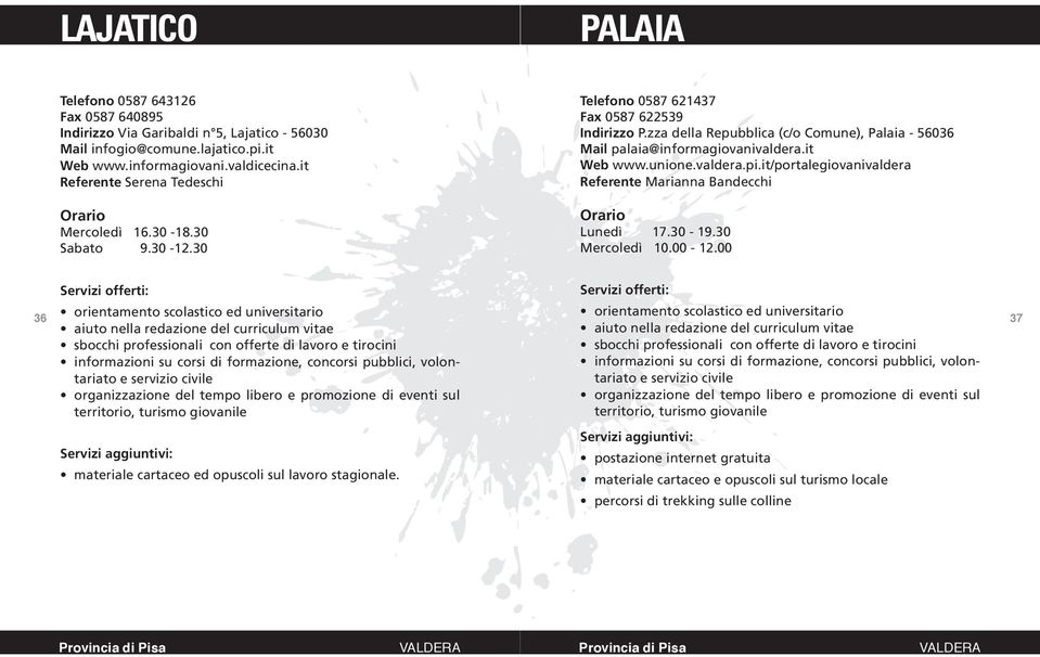 zza della Repubblica (c/o Comune), Palaia - 56036 Mail palaia@informagiovanivaldera.it Referente Marianna Bandecchi Lunedì 17.30-19.30 Mercoledì 10.00-12.