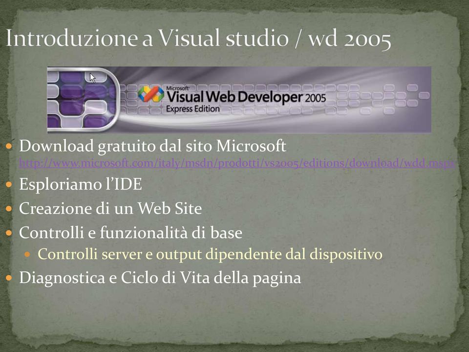 mspx Esploriamo l IDE Creazione di un Web Site Controlli e