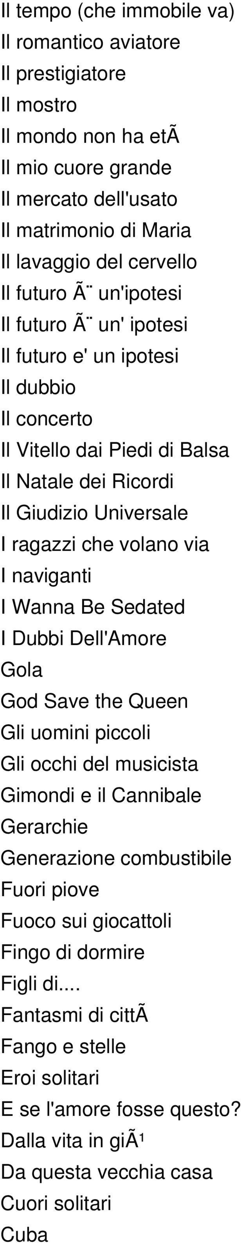 volano via I naviganti I Wanna Be Sedated I Dubbi Dell'Amore Gola God Save the Queen Gli uomini piccoli Gli occhi del musicista Gimondi e il Cannibale Gerarchie Generazione combustibile