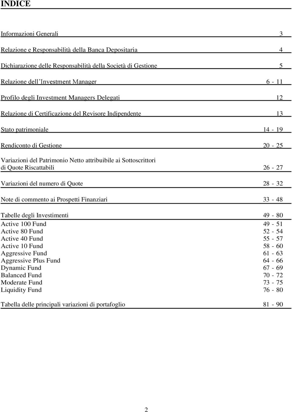 Sottoscrittori di Quote Riscattabili 26-27 Variazioni del numero di Quote 28-32 Note di commento ai Prospetti Finanziari 33-48 Tabelle degli Investimenti 49-80 Active 100 Fund 49-51 Active 80 Fund