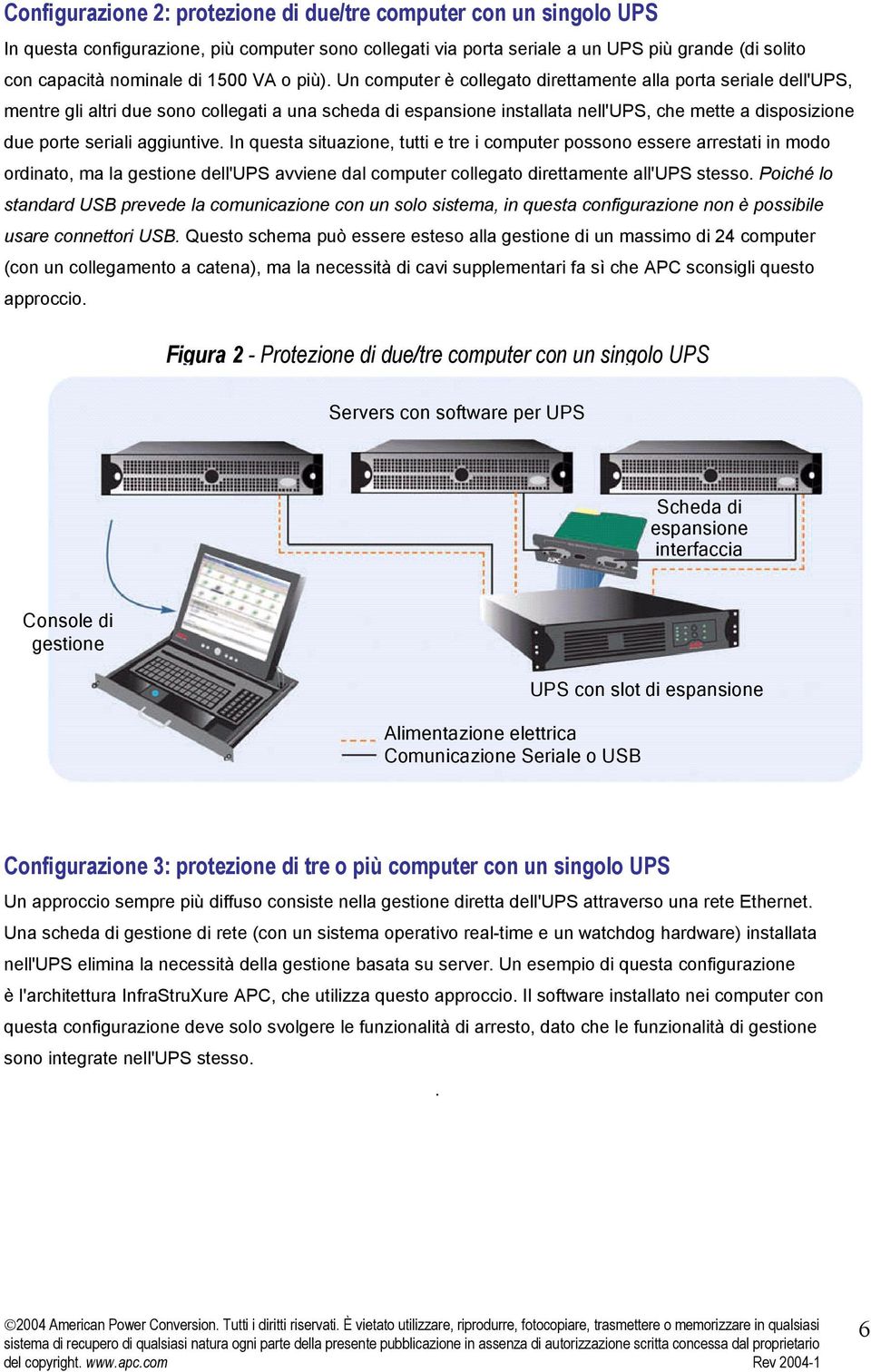 Un computer è collegato direttamente alla porta seriale dell'ups, mentre gli altri due sono collegati a una scheda di espansione installata nell'ups, che mette a disposizione due porte seriali