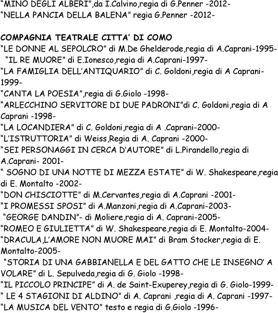 Giolo -1998- ARLECCHINO SERVITORE DI DUE PADRONI di C. Goldoni,regia di A Caprani -1998- LA LOCANDIERA di C. Goldoni,regia di A.Caprani-2000- L ISTRUTTORIA di Weiss,Regia di A.