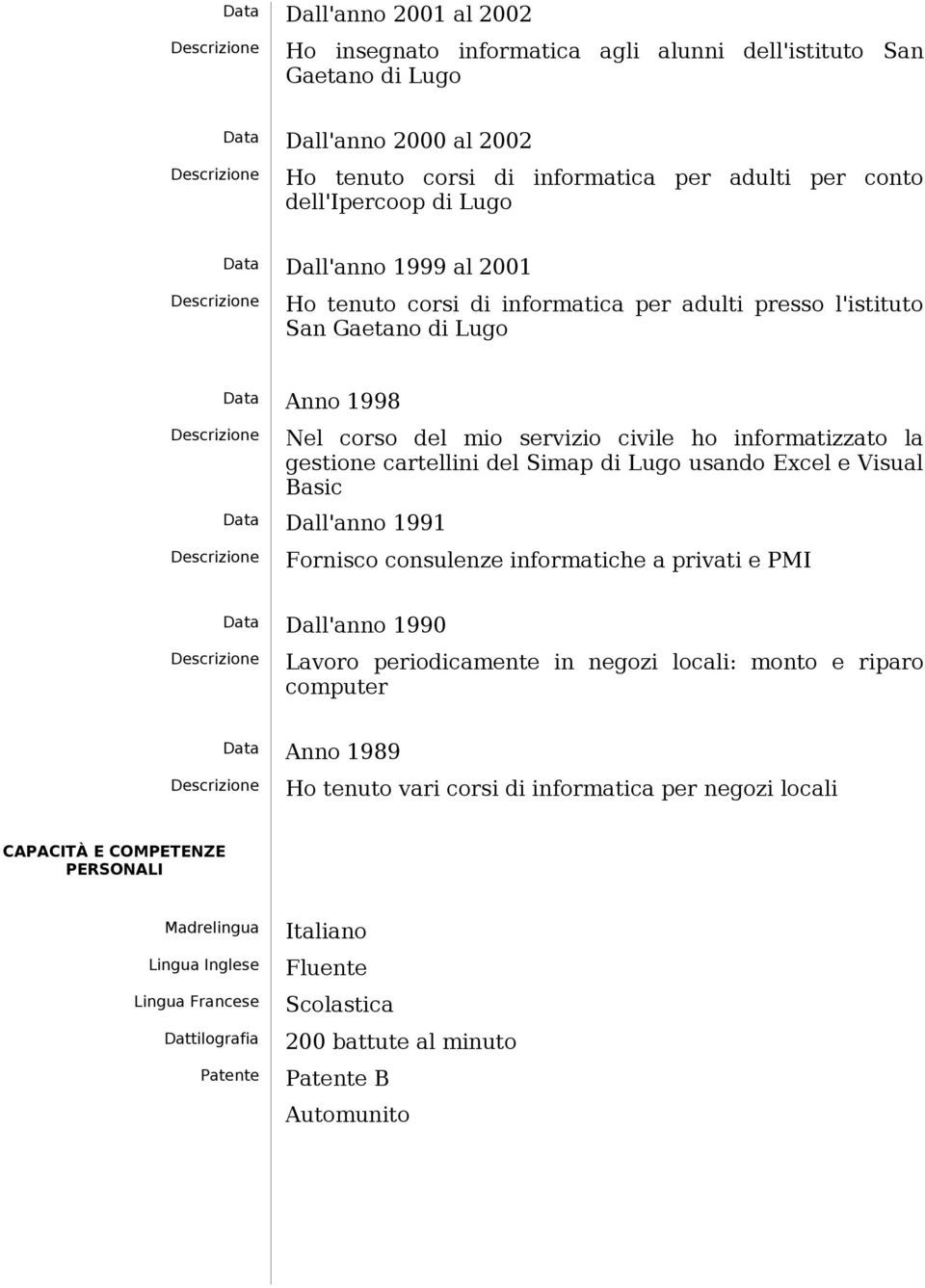 cartellini del Simap di Lugo usando Excel e Visual Basic Data Dall'anno 1991 Fornisco consulenze informatiche a privati e PMI Data Dall'anno 1990 Lavoro periodicamente in negozi locali: monto e