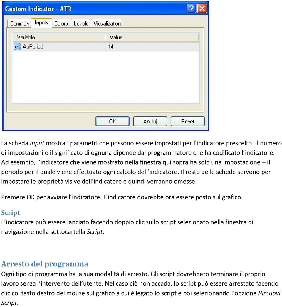 Ad esempio, l indicatore che viene mostrato nella finestra qui sopra ha solo una impostazione il periodo per il quale viene effettuato ogni calcolo dell indicatore.