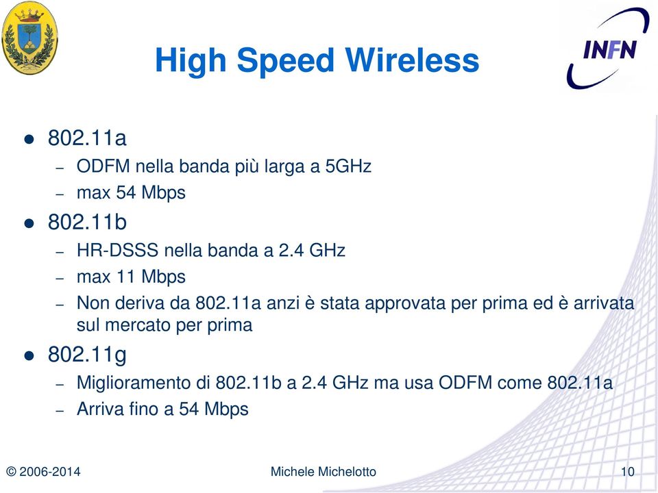 11b HR-DSSS nella banda a 2.4 GHz max 11 Mbps Non deriva da 802.