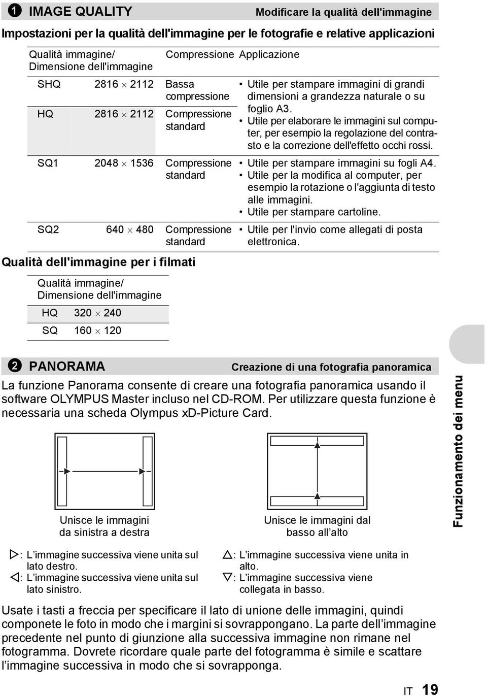 immagine/ Dimensione dell'immagine HQ 320 240 SQ 160 120 Utile per stampare immagini di grandi dimensioni a grandezza naturale o su foglio A3.