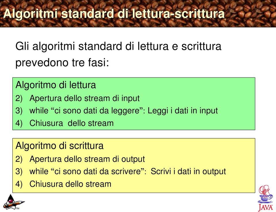 leggere : Leggi i dati in input 4) Chiusura dello stream Algoritmo di scrittura 2) Apertura