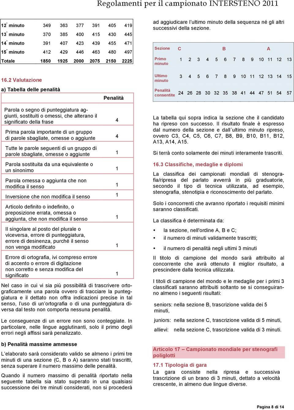 2 Valutazione Ultimo minuto 3 4 5 6 7 8 9 10 11 12 13 14 15 a) Tabella delle penalità Penalità Penalità consentite 24 26 28 30 32 35 38 41 44 47 51 54 57 Parola o segno di punteggiatura aggiunti,