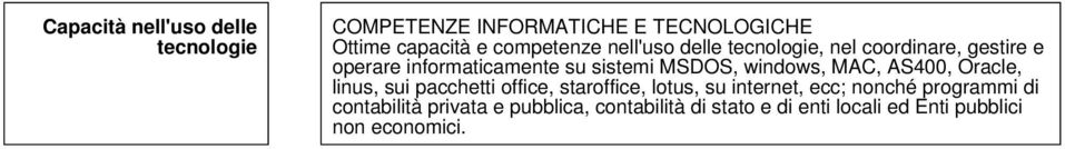 windows, MAC, AS400, Oracle, linus, sui pacchetti office, staroffice, lotus, su internet, ecc; nonché