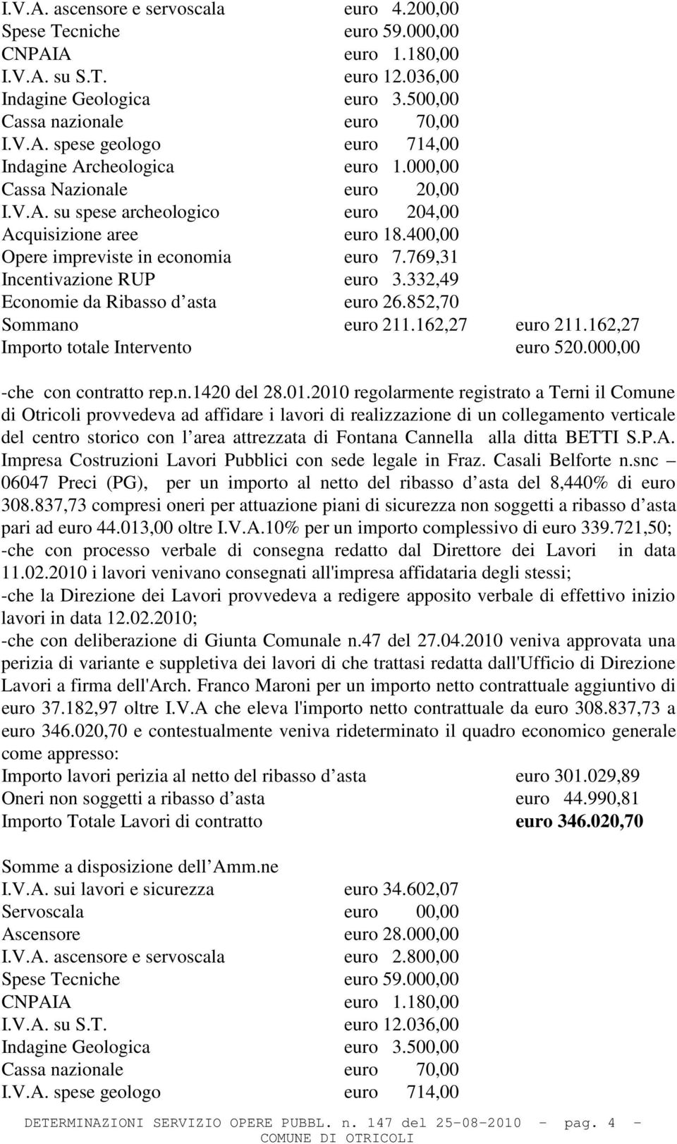 852,70 Sommano euro 211.162,27 euro 211.162,27 -che con contratto rep.n.1420 del 28.01.