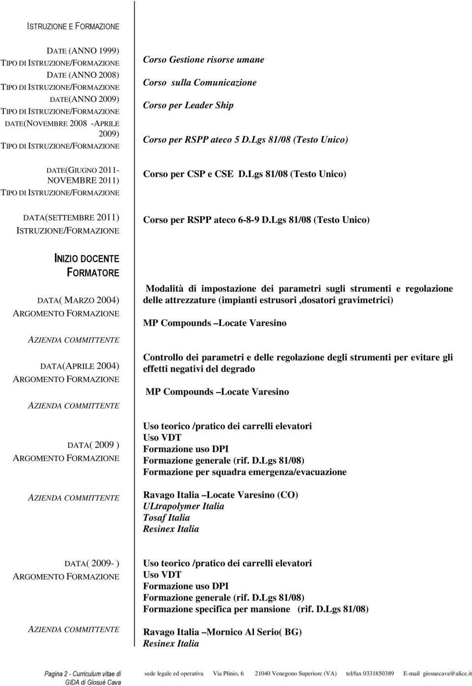 Lgs 81/08 (Testo Unico) INIZIO DOCENTE FORMATORE DATA( MARZO 2004) Modalità di impostazione dei parametri sugli strumenti e regolazione delle attrezzature (impianti estrusori,dosatori gravimetrici)