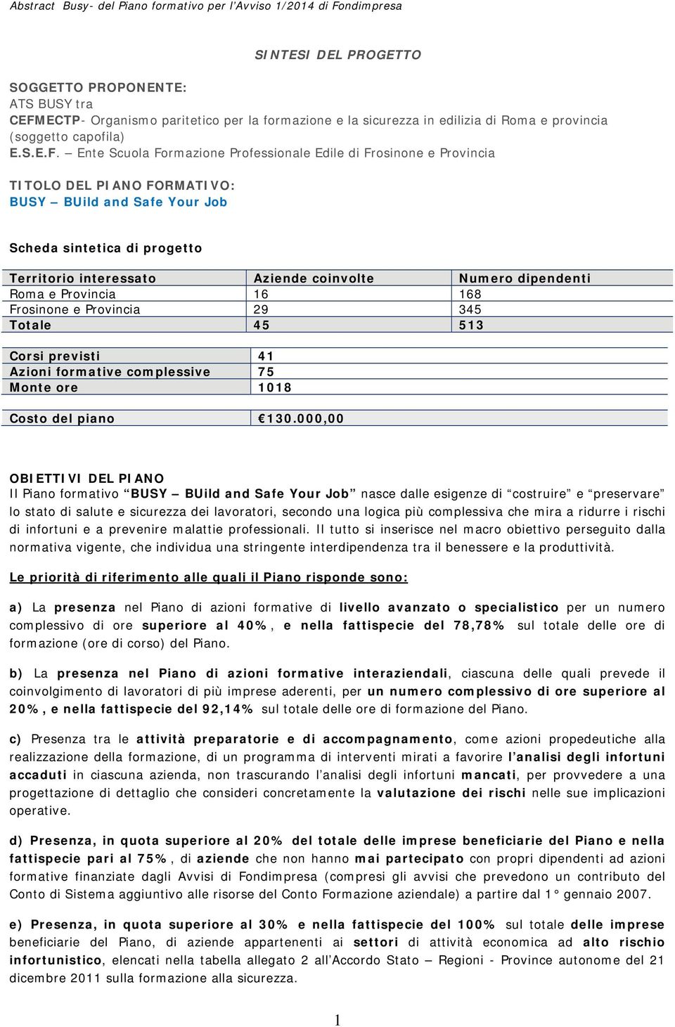 Ente Scuola Formazione Professionale Edile di Frosinone e Provincia TITOLO DEL PIANO FORMATIVO: BUSY BUild and Safe Your Job Scheda sintetica di progetto Territorio interessato Aziende coinvolte