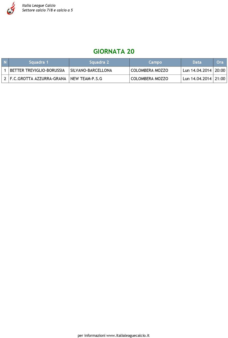 COLOMBERA MOZZO Lun 14.04.2014 20:00 2 F.C.GROTTA AZZURRA-GRANA NEW TEAM-P.