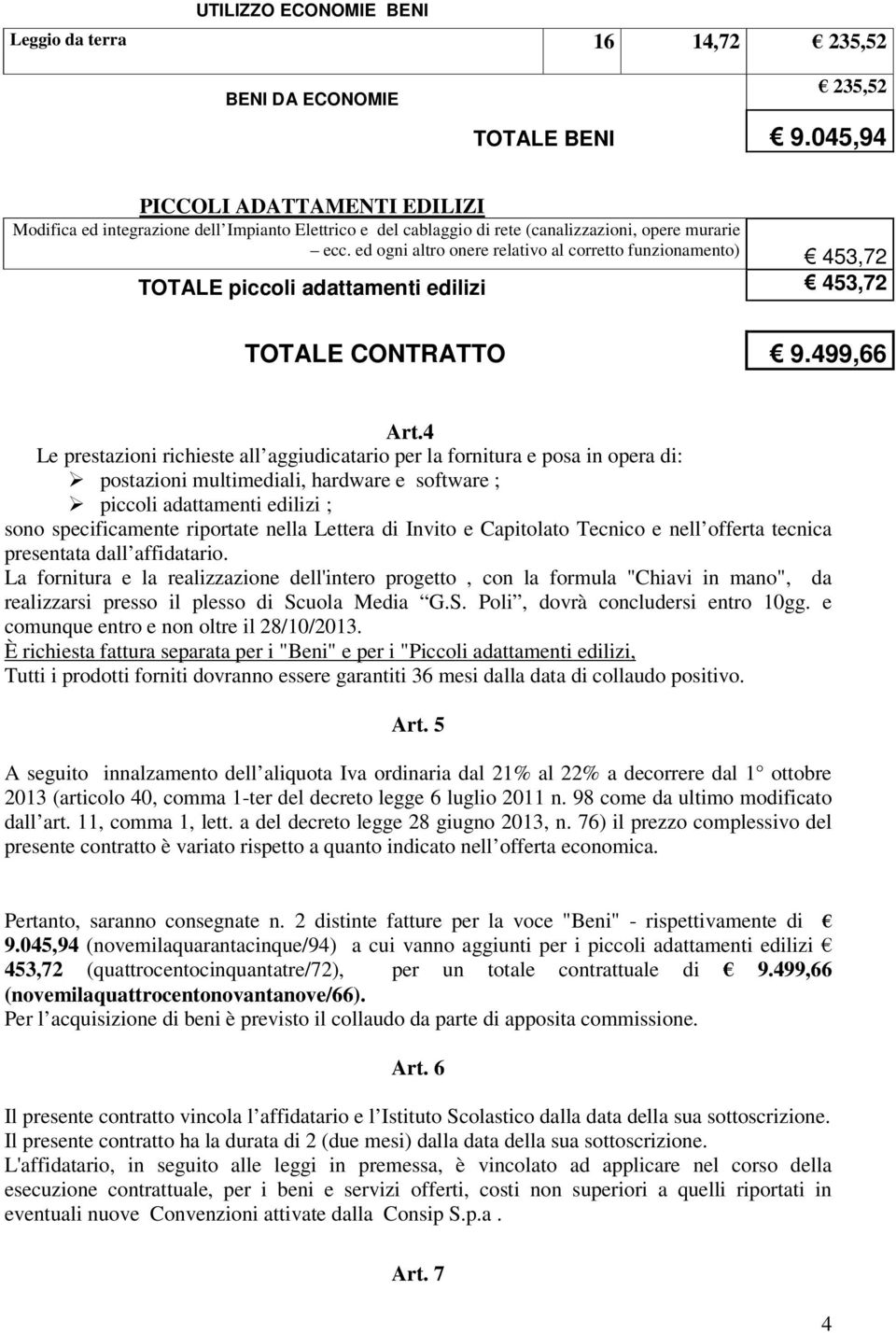 ed ogni altro onere relativo al corretto funzionamento) 453,72 TOTALE piccoli adattamenti edilizi 453,72 TOTALE CONTRATTO 9.499,66 Art.