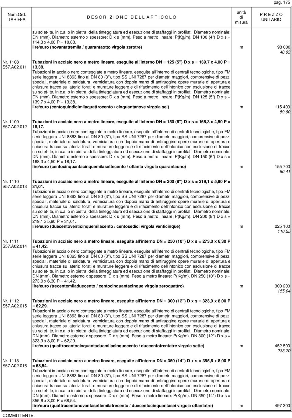 1108 Tubazioni in acciaio nero a metro lineare, eseguite all'interno DN = 125 (5") D x s = 139,7 x 4,00 P = S57.A02.011 13,38.