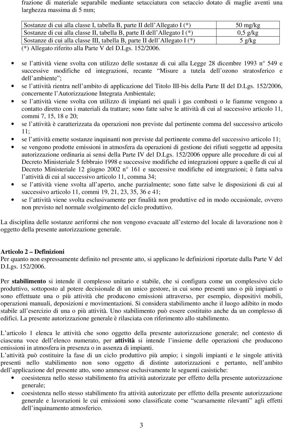 50 mg/kg 0,5 g/kg 5 g/kg se l attività viene svolta con utilizzo delle sostanze di cui alla Legge 28 dicembre 1993 n 549 e successive modifiche ed integrazioni, recante Misure a tutela dell ozono