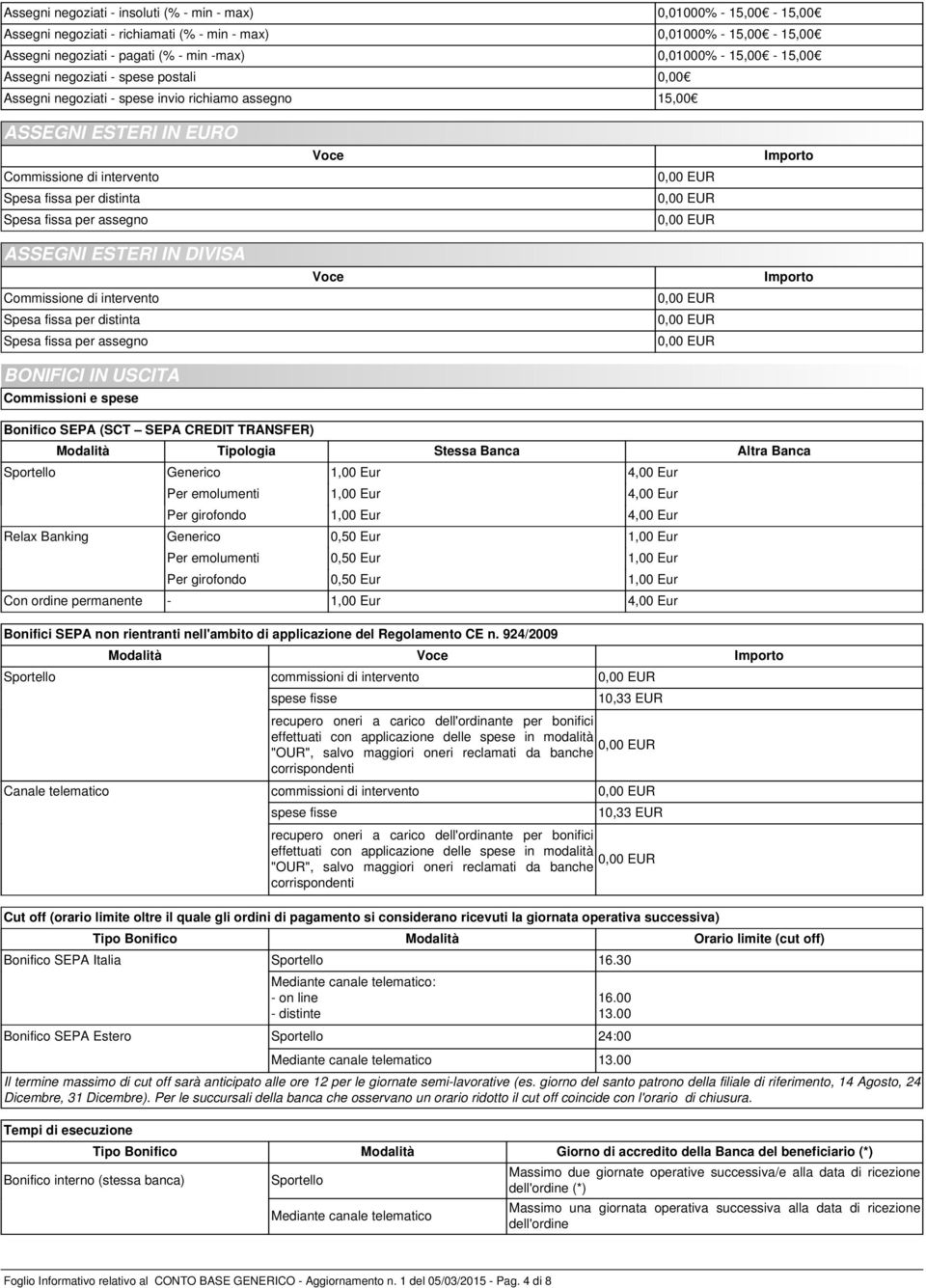 assegno ASSEGNI ESTERI IN DIVISA Commissione di intervento Spesa fissa per distinta Spesa fissa per assegno BONIFICI IN USCITA Commissioni e spese Bonifico SEPA (SCT SEPA CREDIT TRANSFER) Modalità