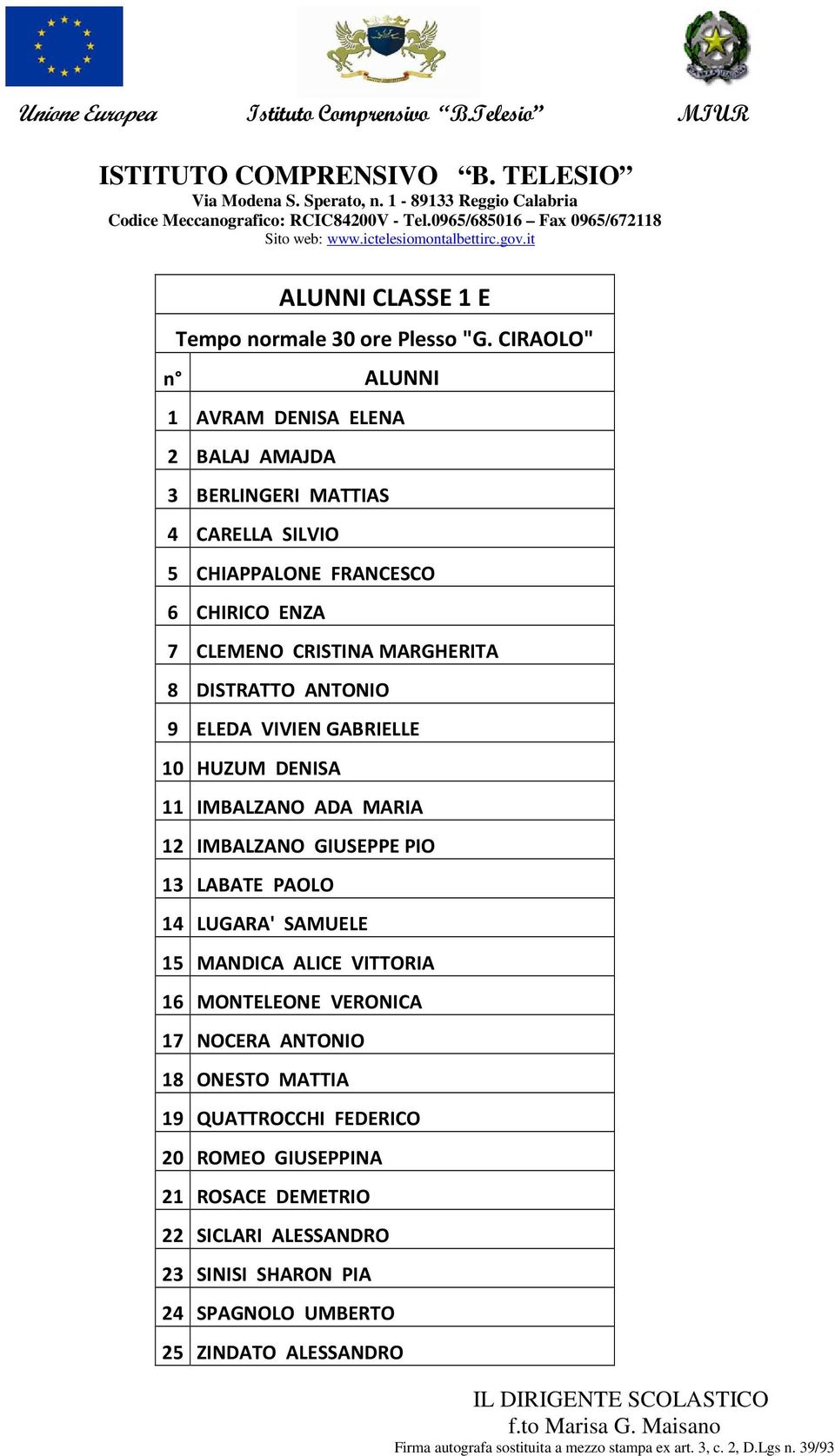 MARGHERITA 8 DISTRATTO ANTONIO 9 ELEDA VIVIEN GABRIELLE 10 HUZUM DENISA 11 IMBALZANO ADA MARIA 12 IMBALZANO GIUSEPPE PIO 13 LABATE PAOLO 14