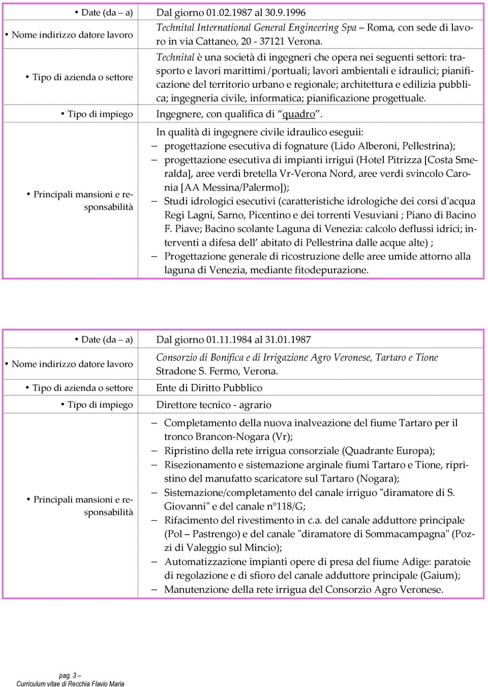 architettura e edilizia pubblica; ingegneria civile, informatica; pianificazione progettuale. Ingegnere, con qualifica di quadro.