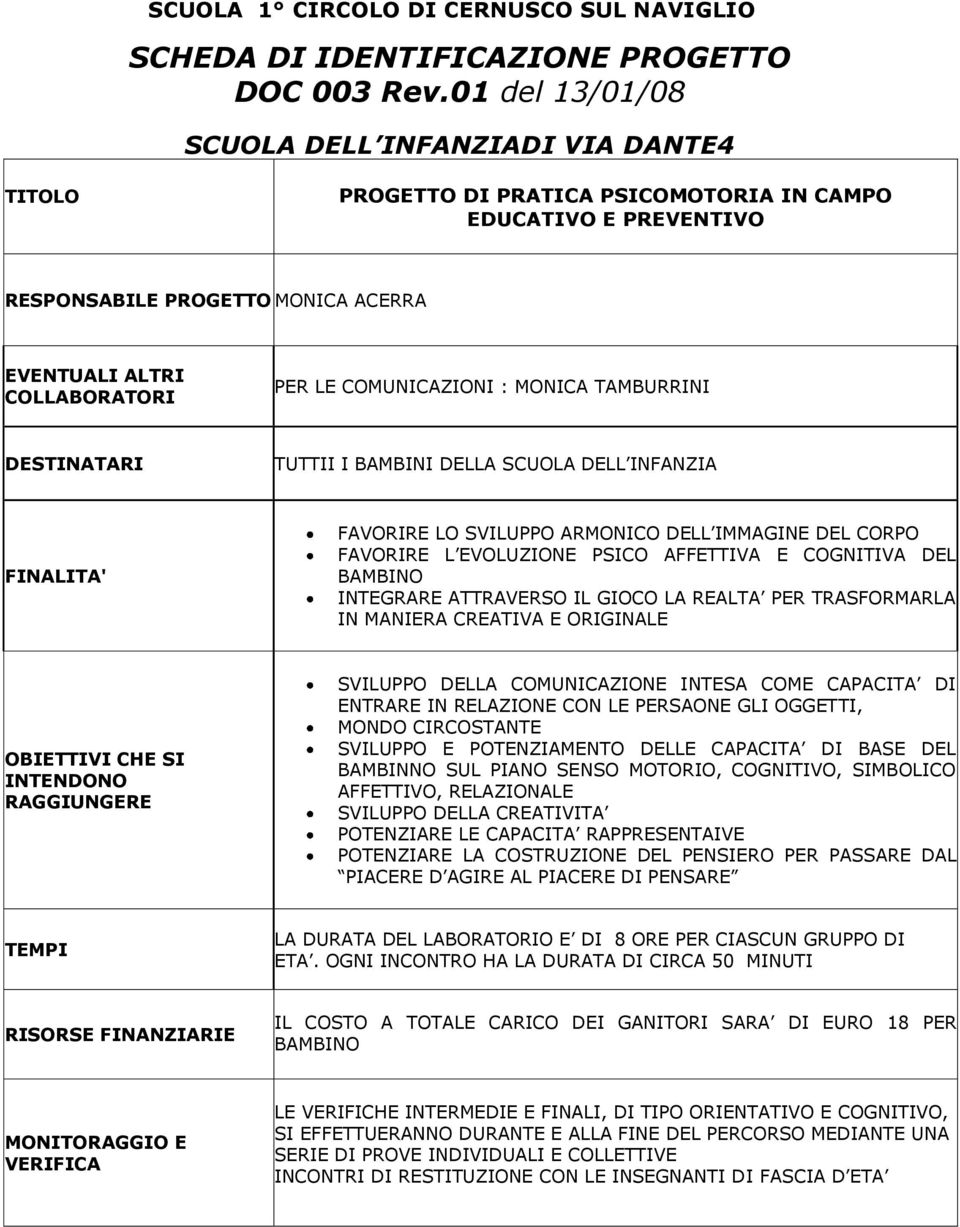 COMUNICAZIONI : MONICA TAMBURRINI DESTINATARI TUTTII I BAMBINI DELLA SCUOLA DELL INFANZIA FINALITA' FAVORIRE LO SVILUPPO ARMONICO DELL IMMAGINE DEL CORPO FAVORIRE L EVOLUZIONE PSICO AFFETTIVA E