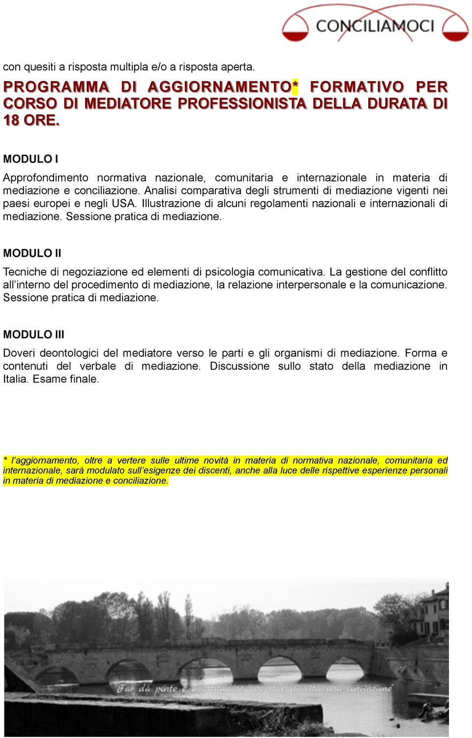 Analisi comparativa degli strumenti di mediazione vigenti nei paesi europei e negli USA. Illustrazione di alcuni regolamenti nazionali e internazionali di mediazione. Sessione pratica di mediazione.