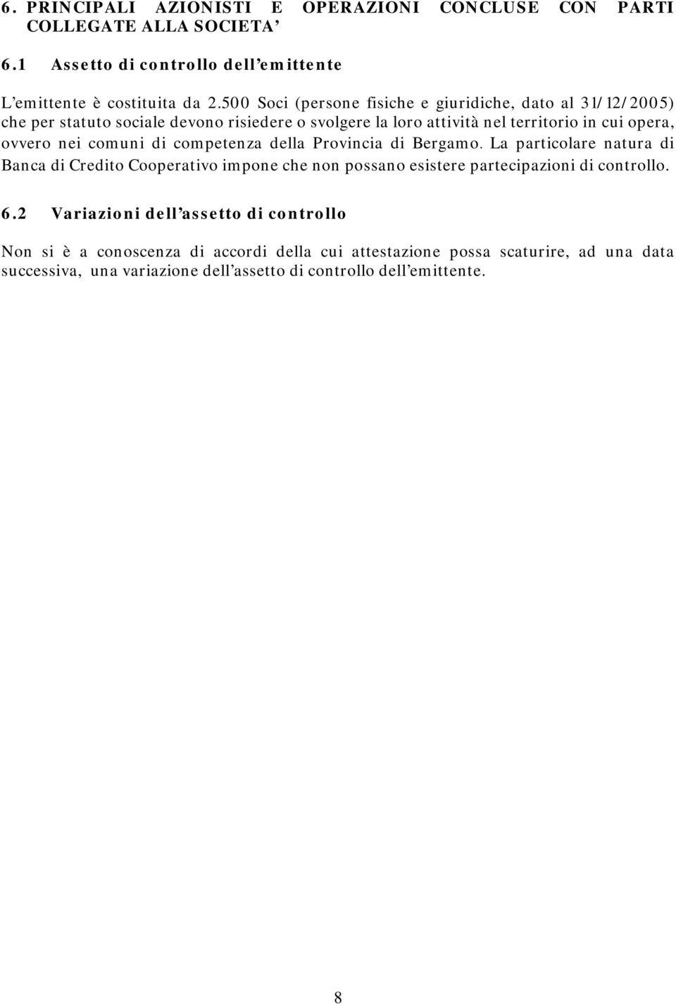 comuni di competenza della Provincia di Bergamo. La particolare natura di Banca di Credito Cooperativo impone che non possano esistere partecipazioni di controllo. 6.