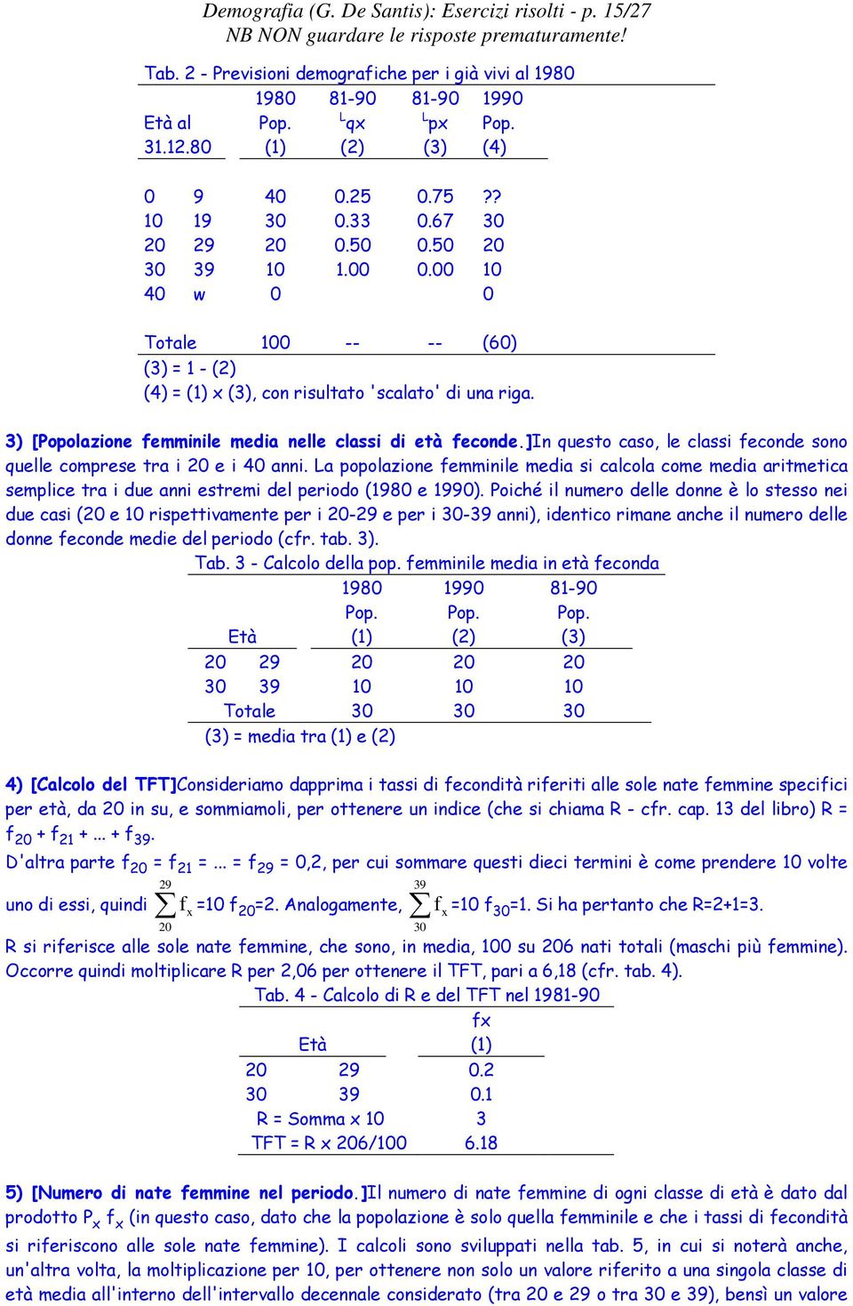 ]in questo caso, le classi feconde sono quelle comprese tra i 2 e i 4 anni. La popolazione femminile media si calcola come media aritmetica semplice tra i due anni estremi del periodo (198 e 199).