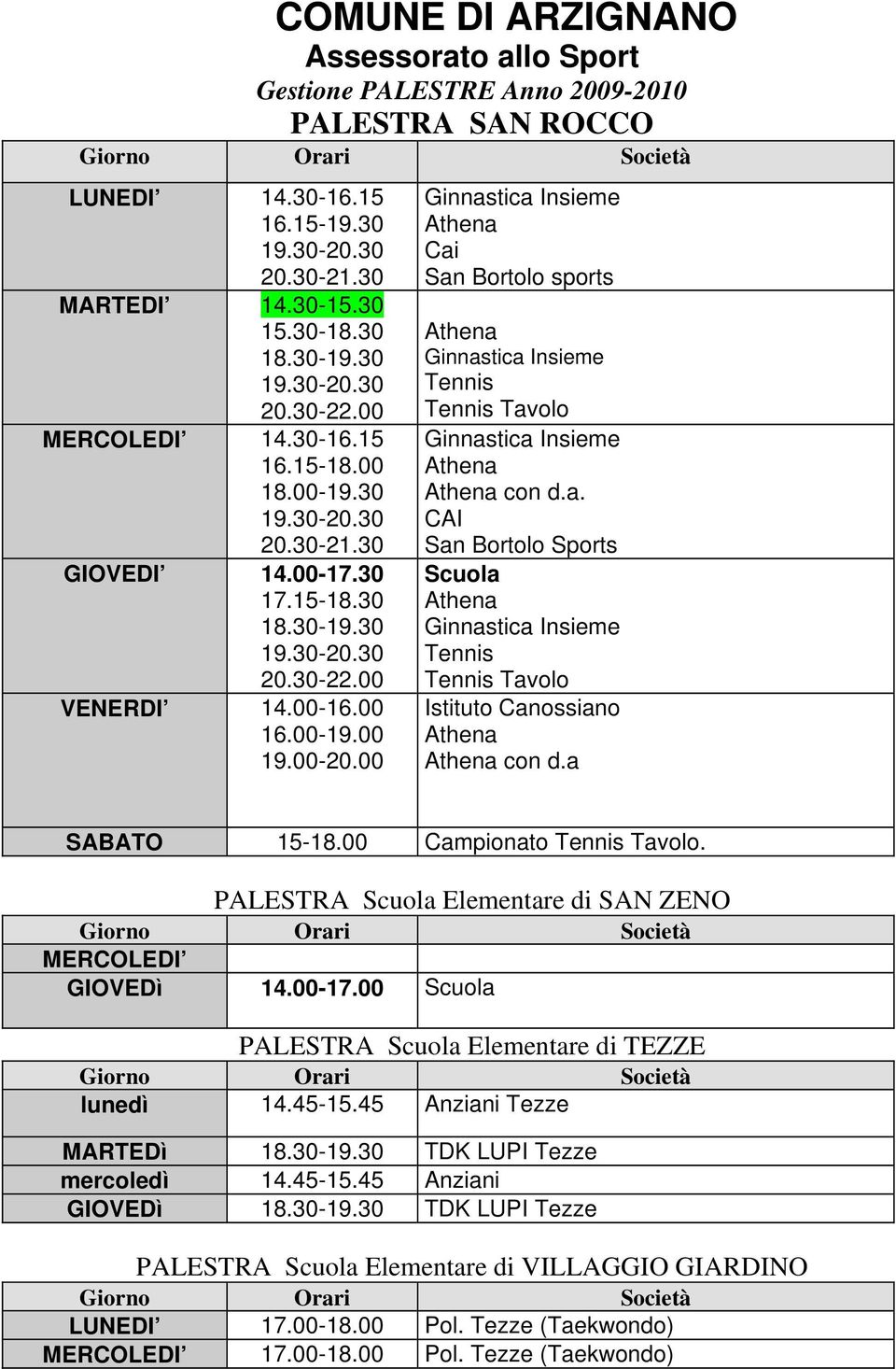 a SABATO 15-18.00 Campionato Tennis Tavolo. PALESTRA Elementare di SAN ZENO MERCOLEDI GIOVEDì 14.00-17.00 PALESTRA Elementare di TEZZE lunedì 14.45-15.45 Anziani Tezze MARTEDì 18.30-19.