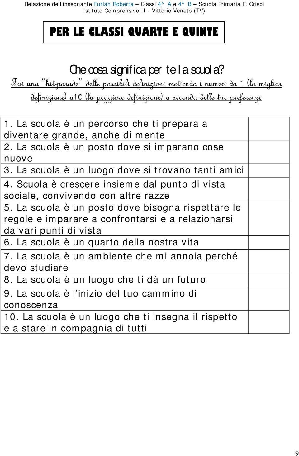 La scuola è un percorso che ti prepara a diventare grande, anche di mente. La scuola è un posto dove si imparano cose nuove. La scuola è un luogo dove si trovano tanti amici.