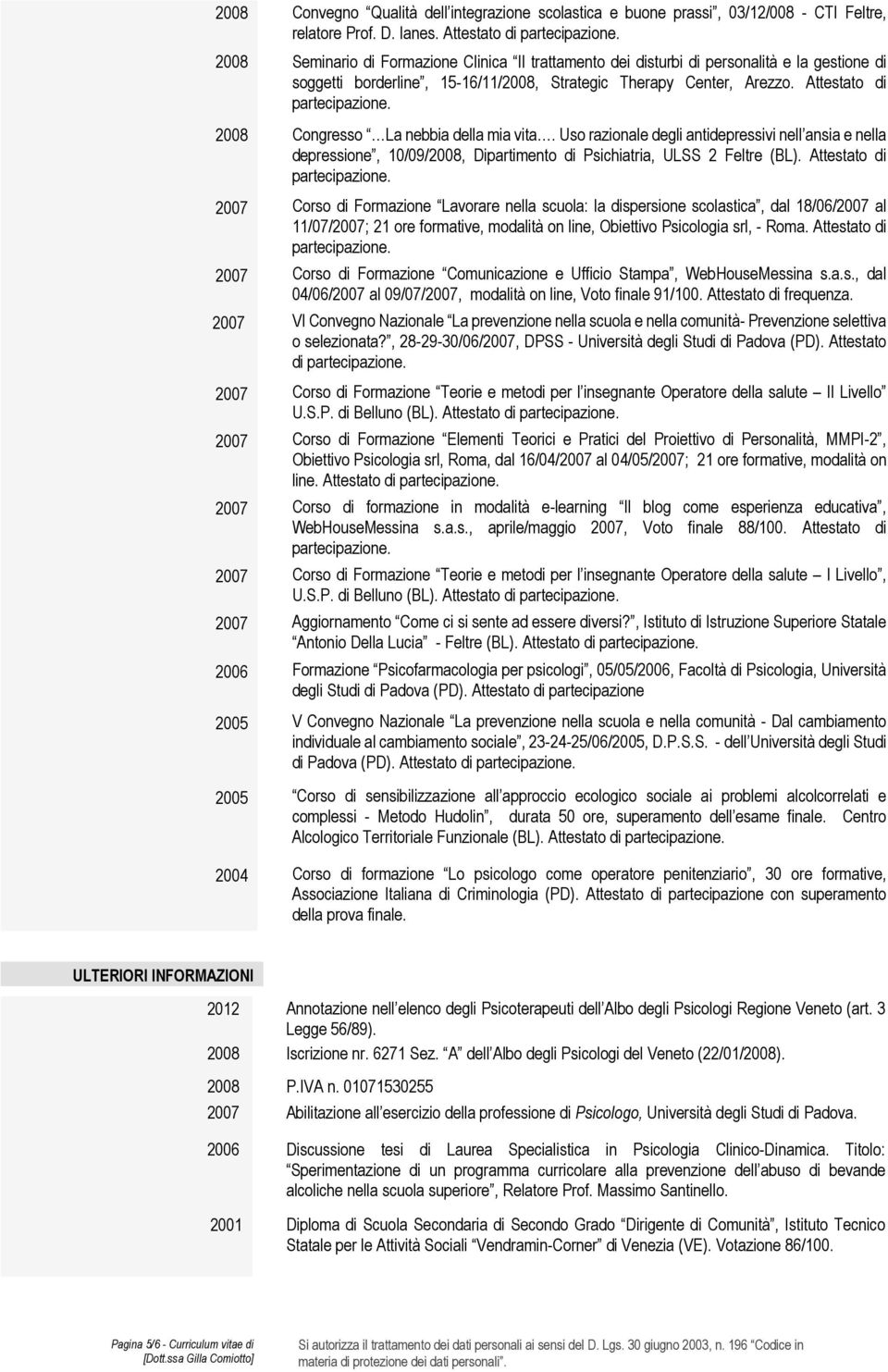 Attestato di 2008 Congresso La nebbia della mia vita. Uso razionale degli antidepressivi nell ansia e nella depressione, 10/09/2008, Dipartimento di Psichiatria, ULSS 2 Feltre (BL).