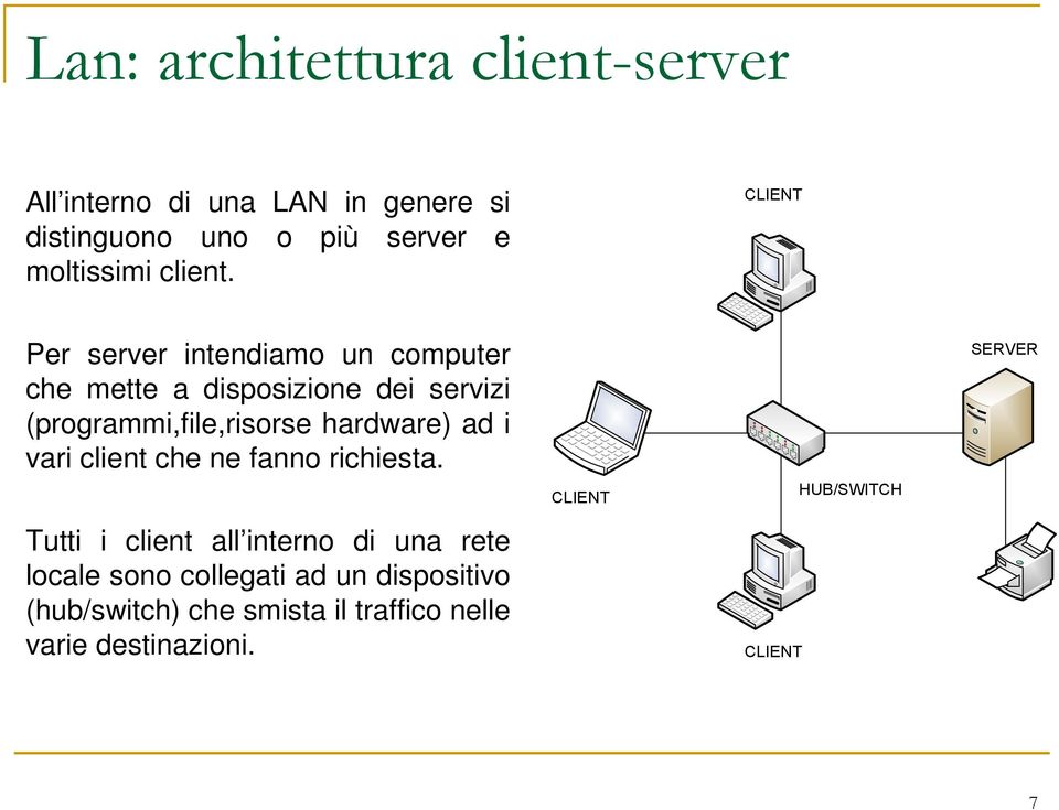 CLIENT Per server intendiamo un computer che mette a disposizione dei servizi (programmi,file,risorse hardware)