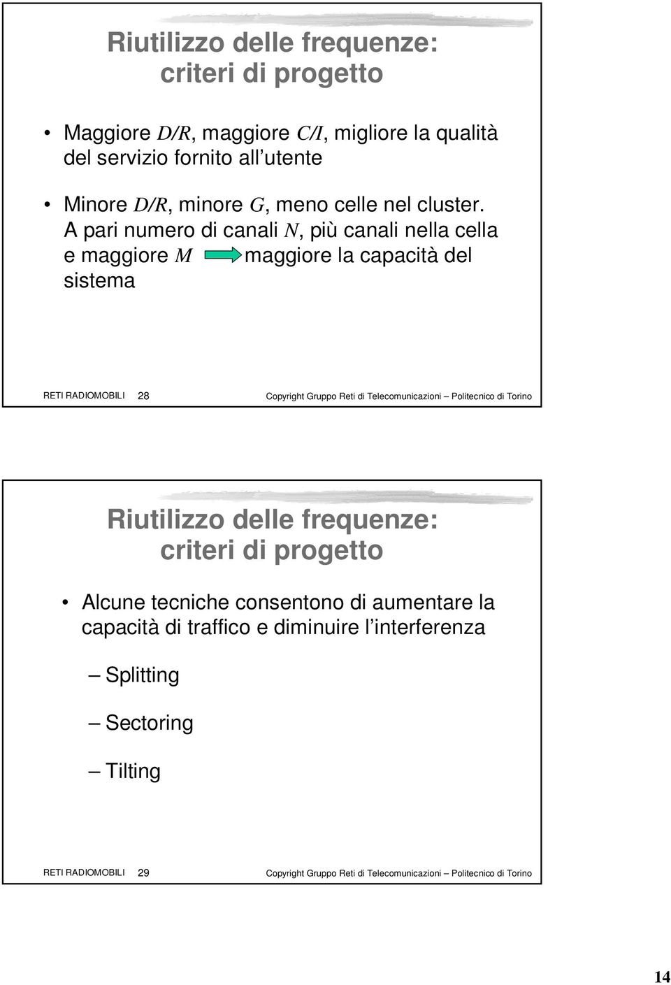 A pari numero di canali N, più canali nella cella e maggiore M maggiore la capacità del sistema RETI RADIOMOBILI 28 Copyright Gruppo Reti di