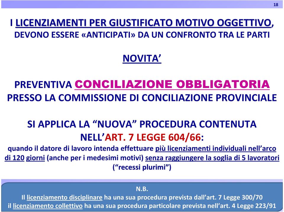 7 LEGGE 604/66: quando il datore di lavoro intenda effettuare piùlicenziamenti individuali nell arco di 120 giorni(anche per i medesimi motivi) senza raggiungere