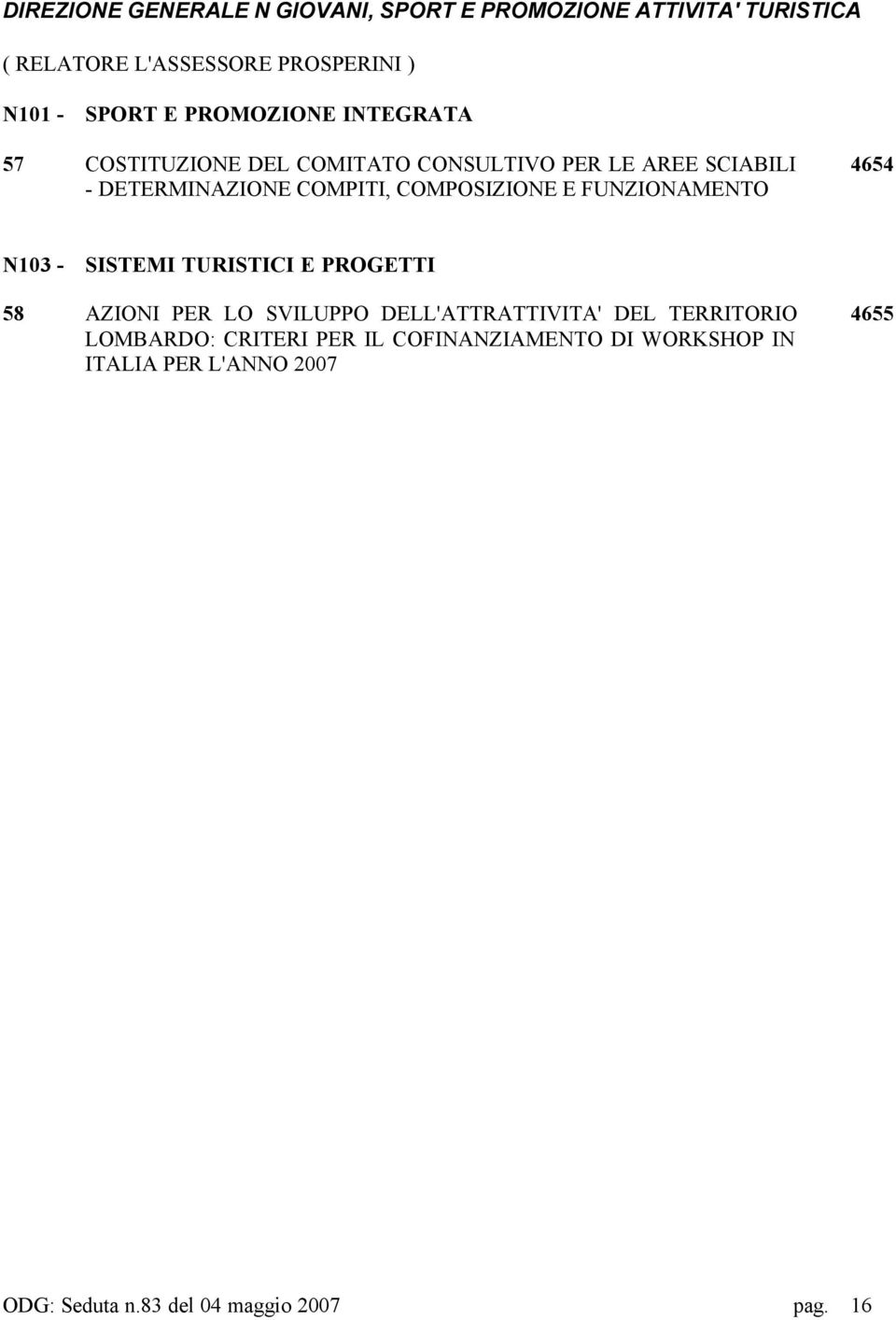 E FUNZIONAMENTO 4654 N103 - SISTEMI TURISTICI E PROGETTI 58 AZIONI PER LO SVILUPPO DELL'ATTRATTIVITA' DEL TERRITORIO