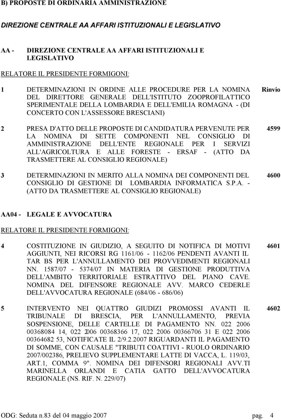 2 PRESA D'ATTO DELLE PROPOSTE DI CANDIDATURA PERVENUTE PER LA NOMINA DI SETTE COMPONENTI NEL CONSIGLIO DI AMMINISTRAZIONE DELL'ENTE REGIONALE PER I SERVIZI ALL'AGRICOLTURA E ALLE FORESTE - ERSAF -