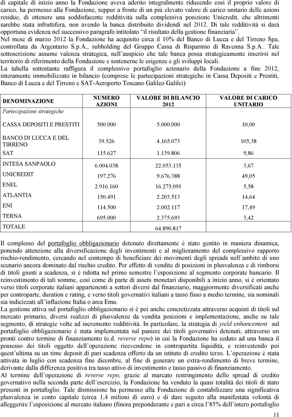 nel 2012. Di tale redditività si darà opportuna evidenza nel successivo paragrafo intitolato il risultato della gestione finanziaria.