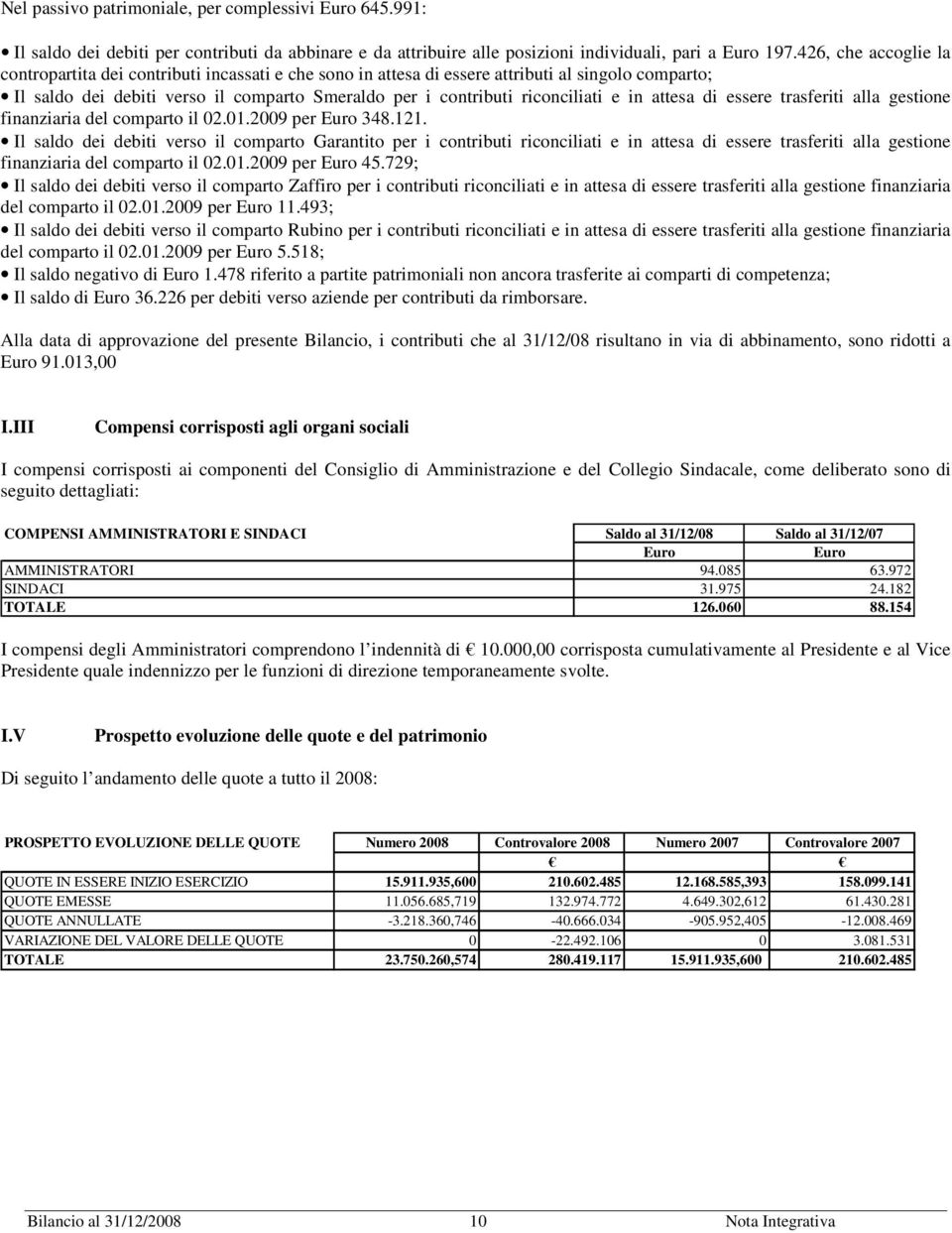 e in attesa di essere trasferiti alla gestione finanziaria del comparto il 02.01.2009 per 348.121.