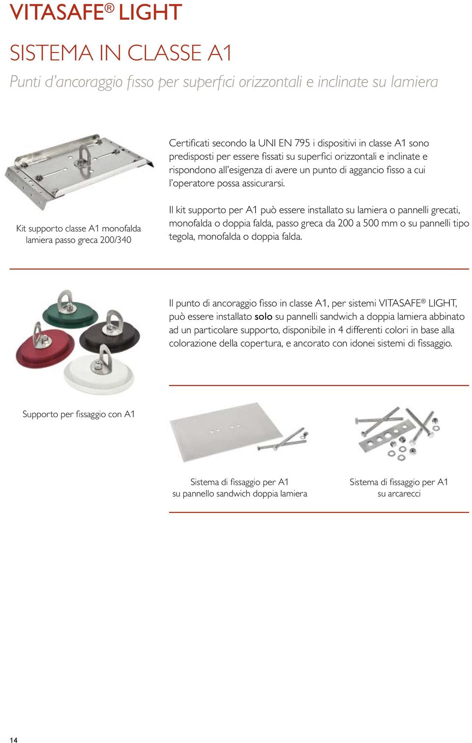 Kit supporto classe A1 monofalda lamiera passo greca 200/340 Il kit supporto per A1 può essere installato su lamiera o pannelli grecati, monofalda o doppia falda, passo greca da 200 a 500 mm o su