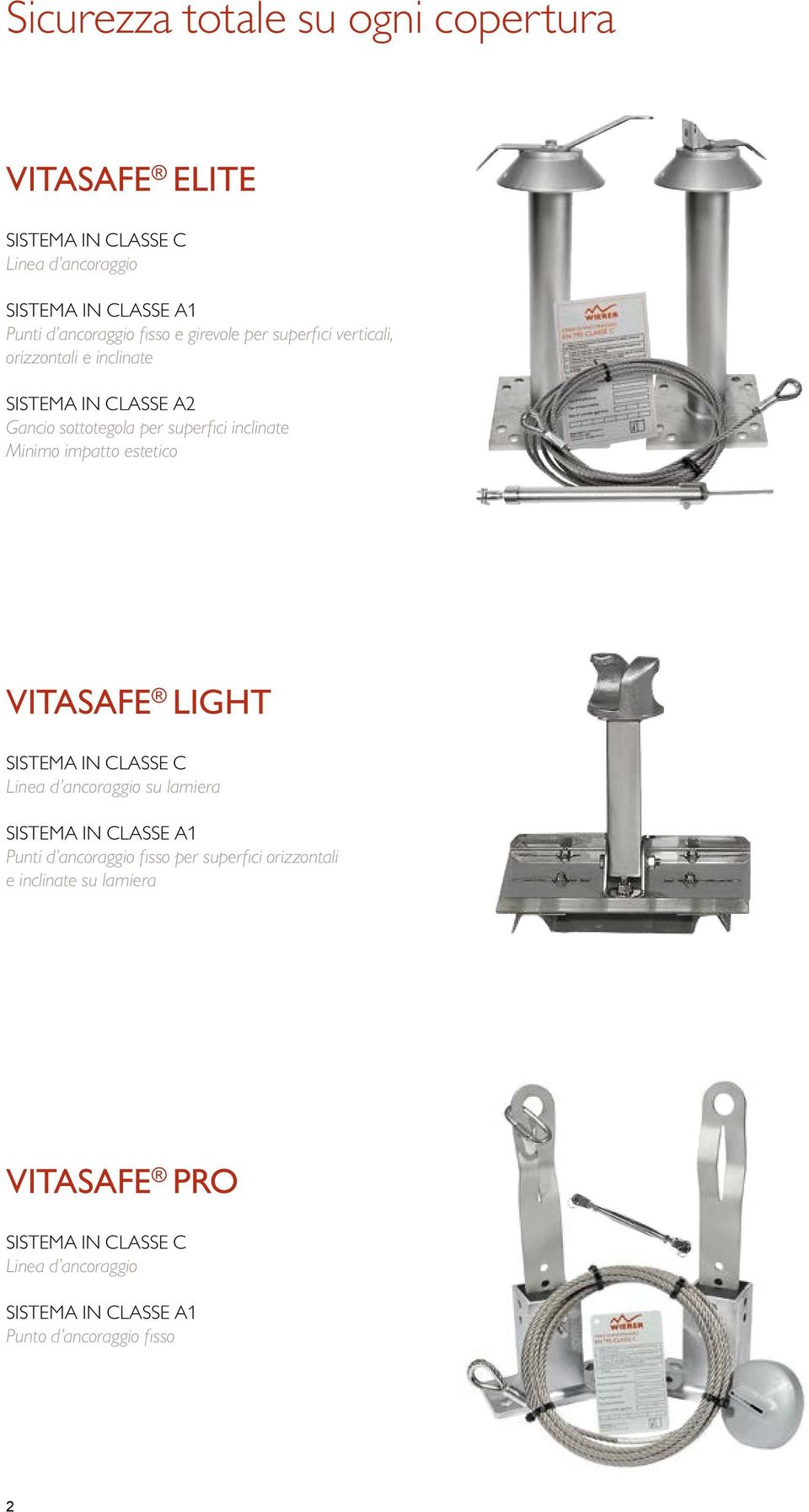 impatto estetico VITASAFE LIGHT SISTEMA IN CLASSE C Linea d ancoraggio su lamiera SISTEMA IN CLASSE A1 Punti d ancoraggio fisso per