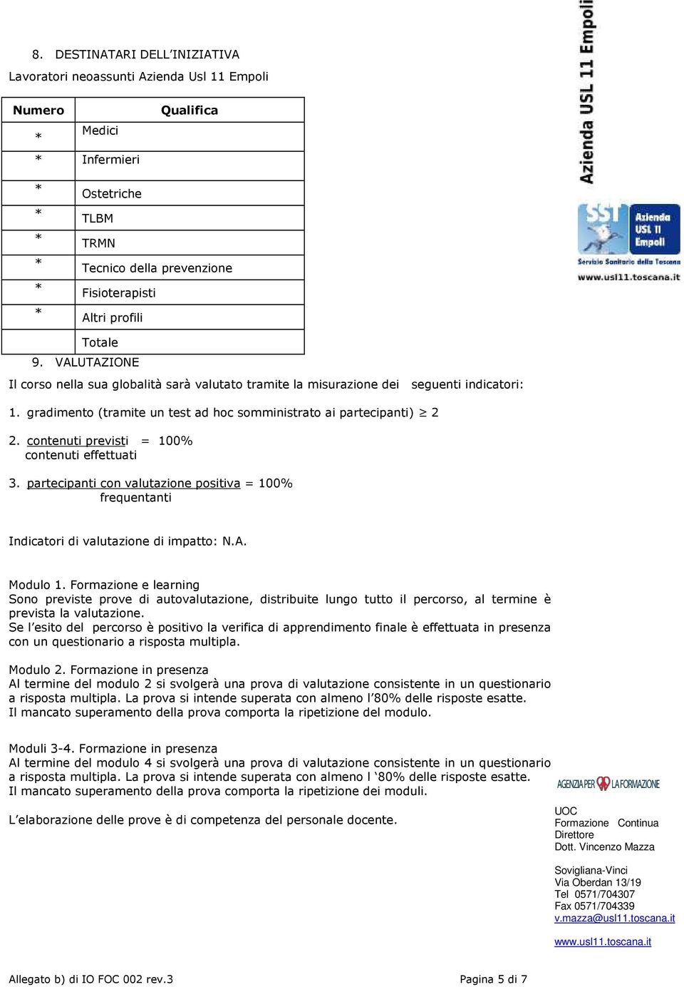 contenuti previsti = 100% contenuti effettuati 3. partecipanti con valutazione positiva = 100% frequentanti Indicatori di valutazione di impatto: N.A. Modulo 1.