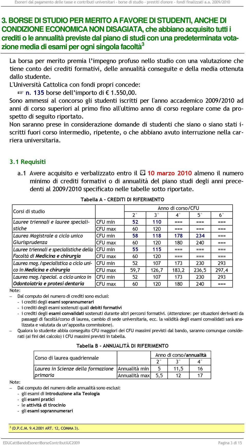 conseguite e della media ottenuta dallo studente. L'Università Cattolica con fondi propri concede: n. 135 borse dell importo di 1.550,00.