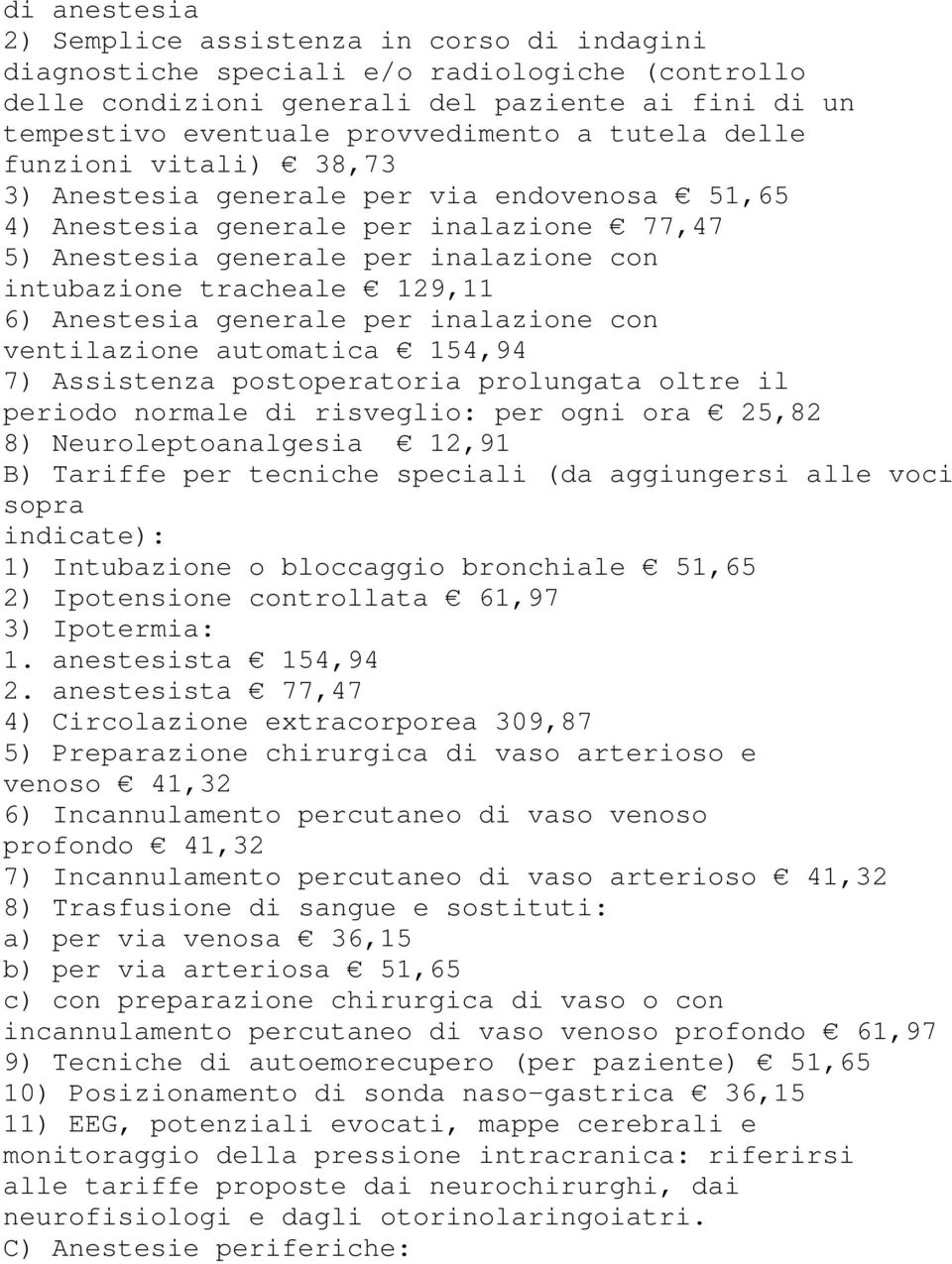 Anestesia generale per inalazione con ventilazione automatica 154,94 7) Assistenza postoperatoria prolungata oltre il periodo normale di risveglio: per ogni ora 25,82 8) Neuroleptoanalgesia 12,91 B)