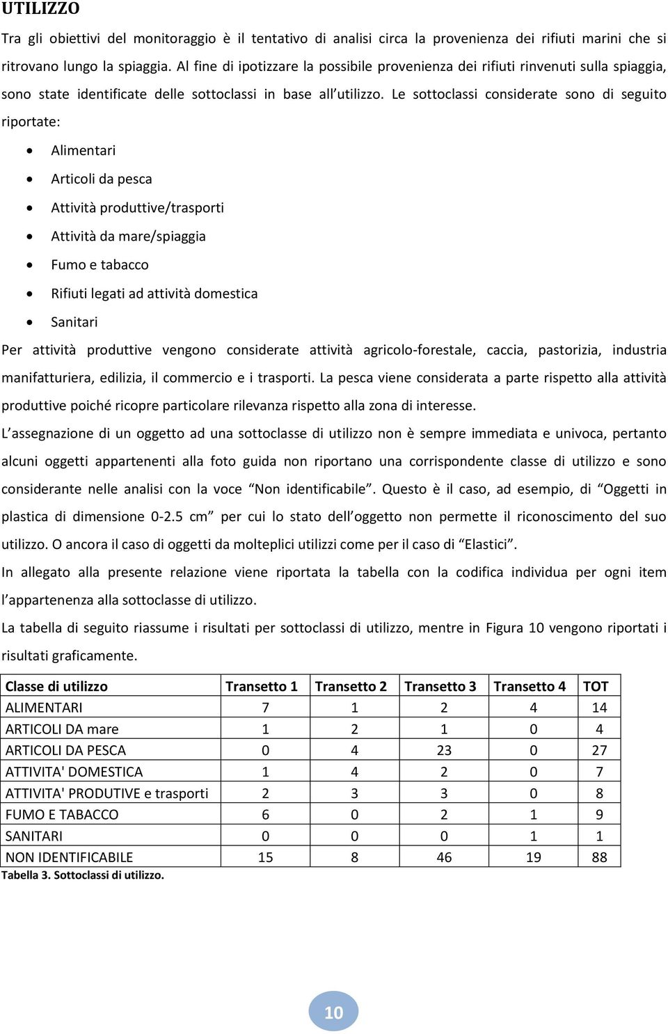 Le sottoclassi considerate sono di seguito riportate: Alimentari Articoli da pesca Attività produttive/ Attività da mare/spiaggia Fumo e tabacco Rifiuti legati ad attività domestica Sanitari Per