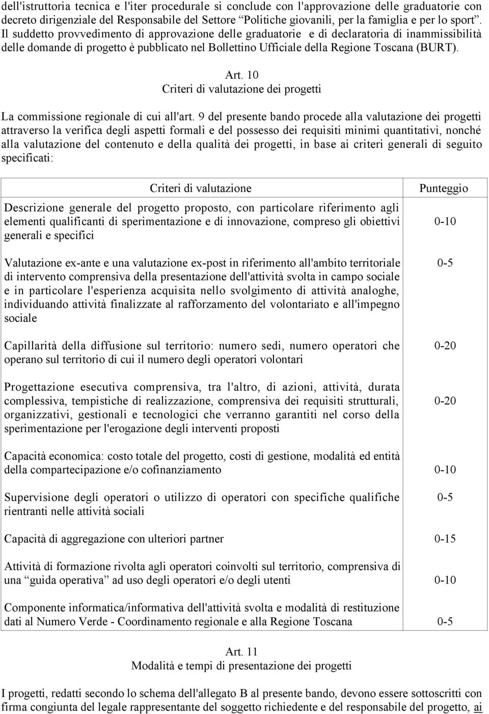 Art. 10 Criteri di valutazione dei progetti La commissione regionale di cui all'art.