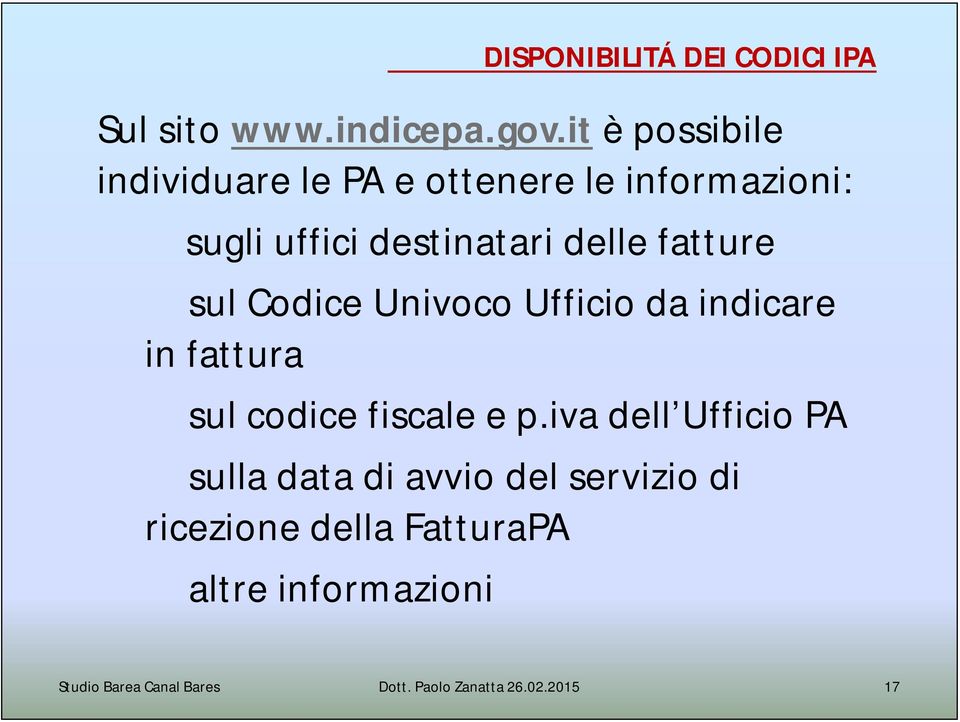 fatture sul Codice Univoco Ufficio da indicare in fattura sul codice fiscale e p.