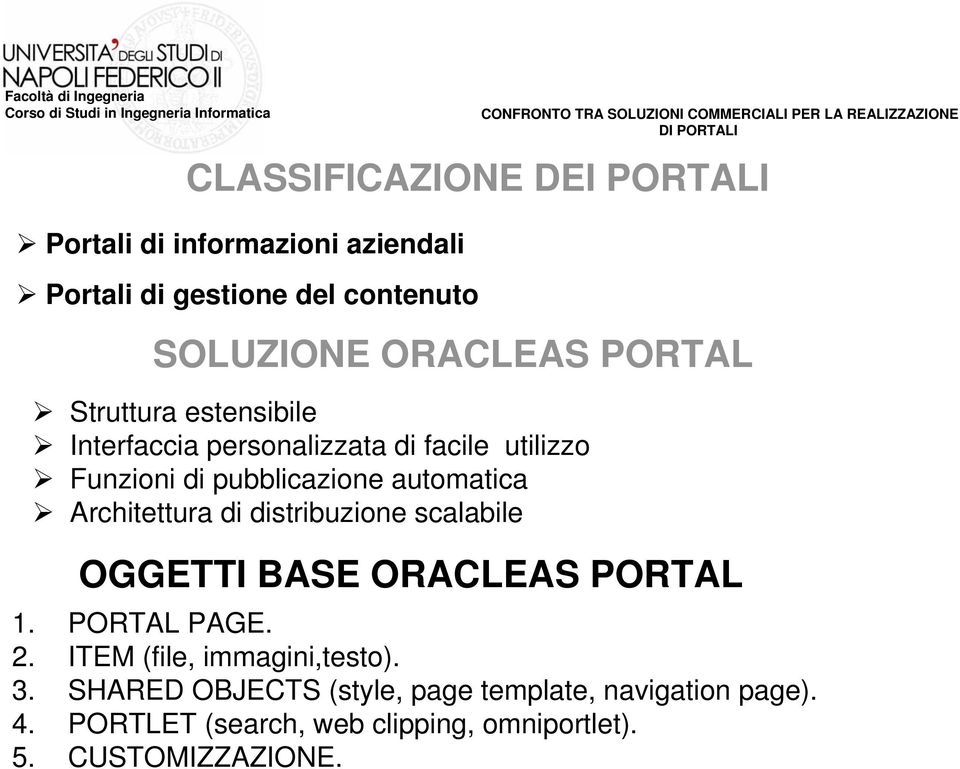 Architettura di distribuzione scalabile OGGETTI BASE ORACLEAS PORTAL 1. PORTAL PAGE. 2. ITEM (file, immagini,testo).