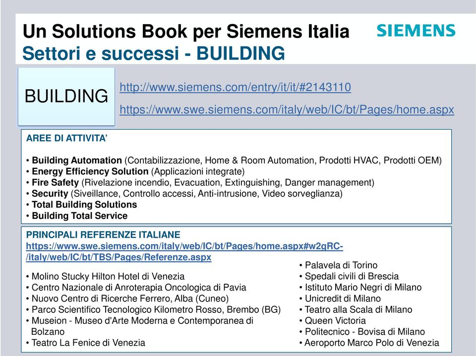 incendio, Evacuation, Extinguishing, Danger management) Security (Siveillance, Controllo accessi, Anti-intrusione, Video sorveglianza) Total Building Solutions Building Total Service PRINCIPALI