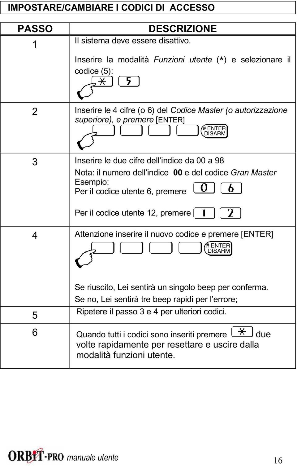 indice da 00 a 98 Nota: il numero dell indice 00 e del codice Gran Master Esempio: Per il codice utente 6, premere Per il codice utente 12, premere 4 Attenzione inserire il nuovo codice e premere