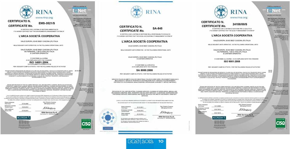 ITALIA  SA-845 SI CERTIFICA CHE IL SISTEMA DI GESTIONE DELLA RESPONSABILITÀ SOCIALE DI IT IS HEREBY CERTIFIED THAT THE SOCIAL ACCOUNTABILITY MANAGEMENT SYSTEM OF L'ARCA SOCIETÀ COOPERATIVA 